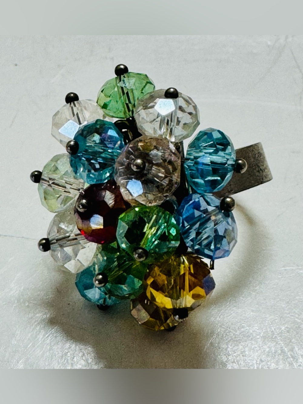 Adjustable multi-color beaded statement ring - size 7.5